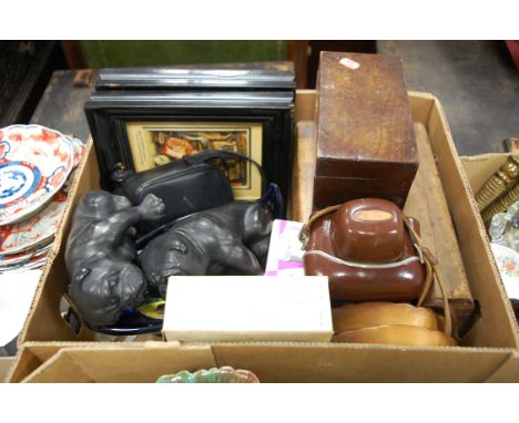 A box of miscellaneous items to include; George III mahogany tea caddy (lacking interior), two early 20th century wax relief 