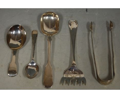 A William IV silver caddy spoon by William Cummins; together with a Scottish silver spoon, and a pair of sugar tongs etc 