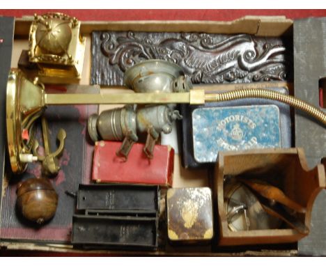 A box of miscellaneous items to include: reproduction lantern clock, cycle lamp, Hornby 0 gauge tenders etc 