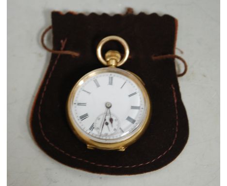 An 18ct gold cased open faced pocket watch, having white enamel dial, subsidiary seconds dial and keyless movement, gross wei