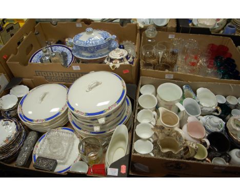 Four boxes of miscellaneous items to include; Gaudy Welsh style teapot and cover, Victorian blue and white tureen and cover e