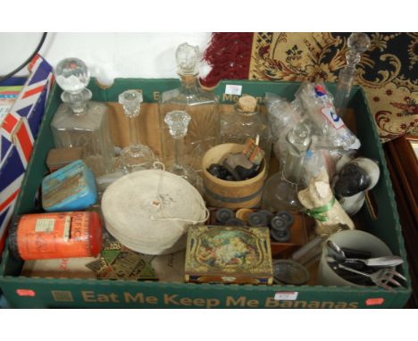 Box of miscellaneous items to include various glass decanters and stoppers, Post Office lithograph printed moneybox