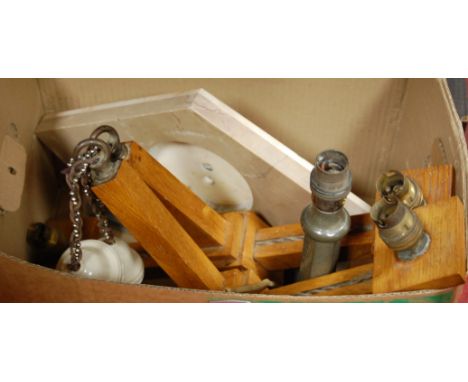 An Art Deco marble clock case only; together with a pair of mid-20th century oak two branch ceiling light fittings (2)