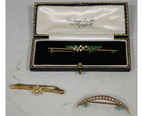 A ladies 15ct gold seed pearl and enamel set bar brooch, 6cm, in fitted leather case; and two other seed pearl and yellow met