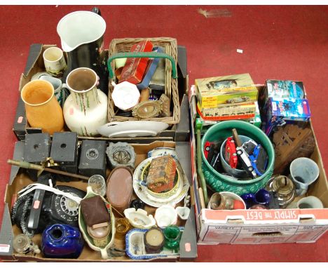 Three boxes of miscellaneous items to include: Kodak Brownie camera; early 20th century green glazed jardiniere, boxed Merit 