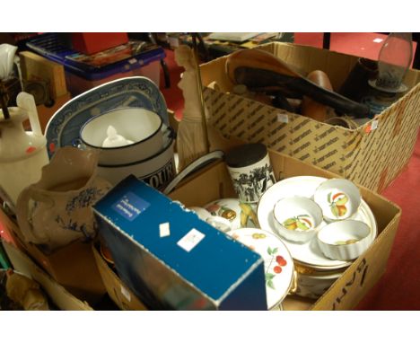 A large collection of miscellaneous items to include; enamel bread bin, alabaster style table lamp, Victorian wash jug, Worce