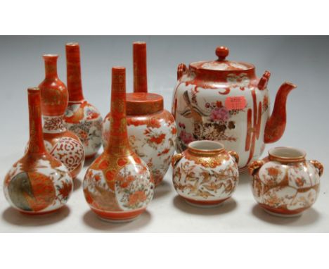 A quantity of Japanese porcelain Kutani wares to include specimen vases, teapot etc