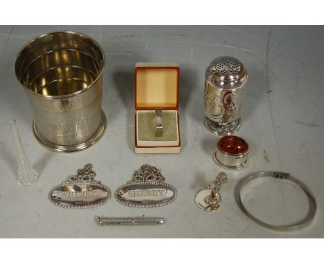 A small collection of miscellaneous silver and silver plated items to include; Victorian silver pepperette, silver whisky and
