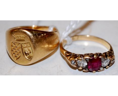 A yellow metal (unmarked but probably 18ct) childs signet ring, 7.6g; and an 18ct gold ruby and diamond childs dress ring (2)