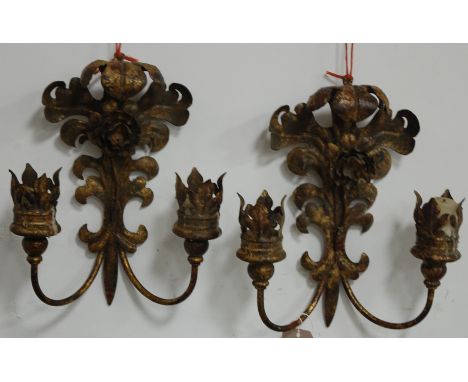 A pair of gilt metal twin sconce wall light fittings
Provenance: Rushbrooke Estate, Bury St Edmunds 