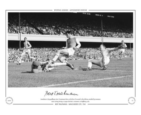 Autographed BERT TRAUTMANN 16 x 12 Limited Edition - B/W, depicting the Manchester City goalkeeper diving at the feet of Arse