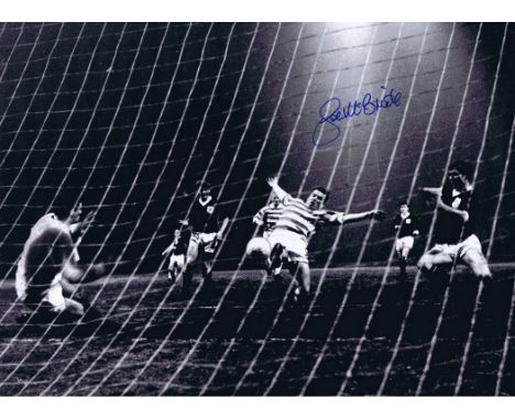 Autographed JOE McBRIDE 16 x 12 photo - B/W, depicting the Celtic striker scoring his side's fourth goal in a 5-0 victory ove