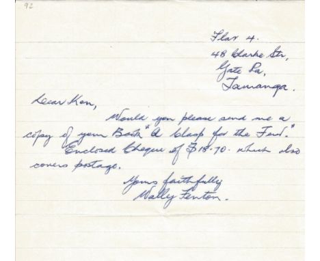 WW2 Sgt W G Fenton Handsigned, Handwritten Letter, Undated Letter is a request of a book, and an enclosed cheque for that boo