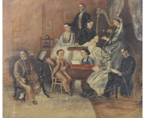 A 19th century family portrait, oil on canvas. Depicting a Victorian family having a musical recital evening. To the verso in