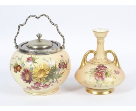 A late 19th century Royal Worcester blush ivory ground vase and a silver-plated biscuit barrel. Each with printed puce marks,