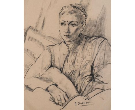 M Dickinson, portrait of an Indian woman, charcoal on paper, signed, inscribed verso, exhibited at the Pastel Society 1955, 3