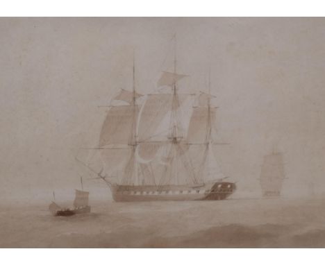 18th century study of 3-masted warships, sepia watercolour on paper, unsigned, 25cm x 36cm, framedEven paper discolouration a