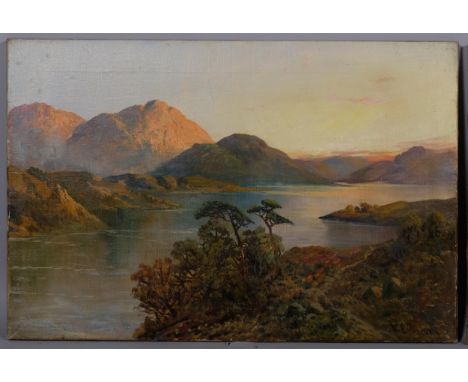 F E Jamieson, pair of Highland loch scenes, oils on canvas, signed, 40cm x 61cm, framedBoth have several tiny patch repairs b