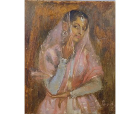 Patricia Angadi, portrait of an Indian beauty, oil on canvas, signed and dated 1963, 76cm x 63cm, unframed.  Patricia Angadi 