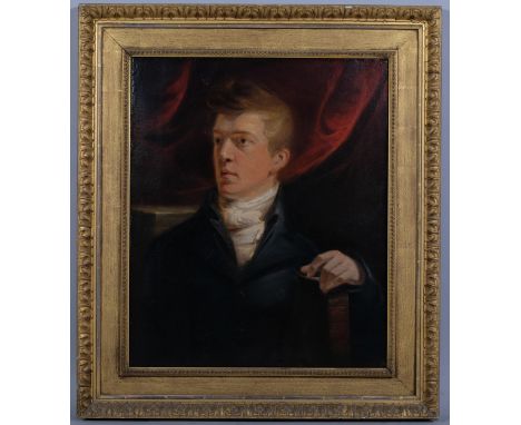 19th century portrait of a gentleman holding a book "Newton", oil on canvas, unsigned, 61cm x 51cm, original frameGood untouc