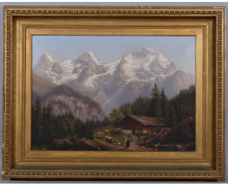 R Muller, Alpine mountain landscape, late 19th century oil on canvas, signed, 53cm x 75cm, framedGood untouched condition, no