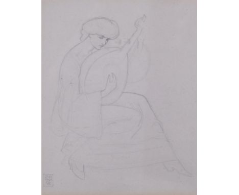 Joseph Southall RWS RBSA (1861 - 1944), lady with a lute, pencil drawing dated 27.IX.1904 and signed with monogram, 16cm x 13