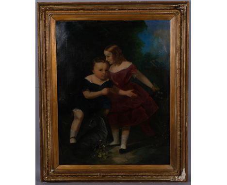 19th century family portrait of a girl, boy and cat, oil on canvas, unsigned, 92cm x 72cm, framedCanvas has been lined with s