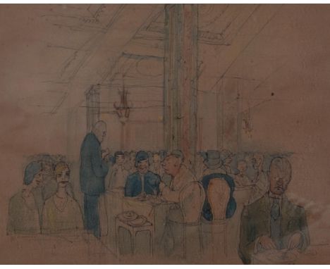 William Gaunt, the Mirror Room, Lyons Corner House Strand London, ink/watercolour, inscribed verso, 26cm x 34cm, framedPaper 