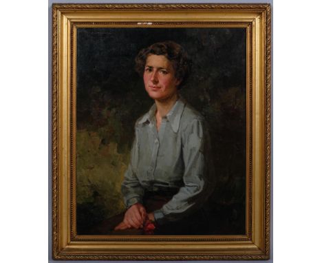 A Lanare, portrait of a woman holding a rose, oil on canvas, inscribed Bari Maggio 1944, 62cm x 50cm, framedNo canvas damage 