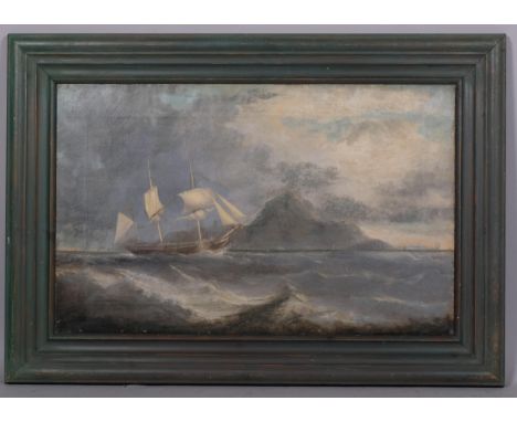 3-masted ship on stormy seas, 19th century oil on canvas, unsigned, 45cm x 68cm, framedCanvas has been lined, no obvious sign