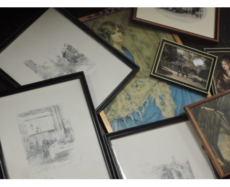 William Hoggarth, (20th century), after, a re-print, townscapes, 28 x 22cm, framed and glazed, 30 x 25, and a sel of dec prin
