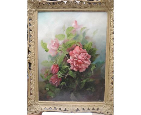 K Jones, (contemporary), an oil painting, Pink Roses, signed and attributed verso, 39 x 29cm, ornate framed, 49 x 39cm