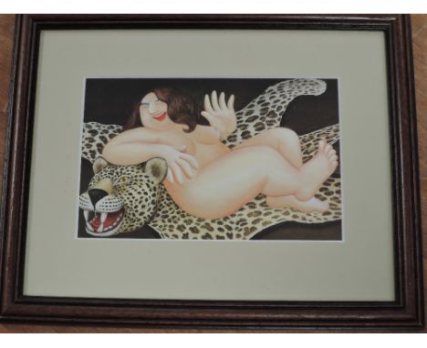 Beryl Cook, (1926-2008), after, a print, Nude on Leopard Skin, 11 x 17cm, mounted framed and glazed, 22 x 28cm
