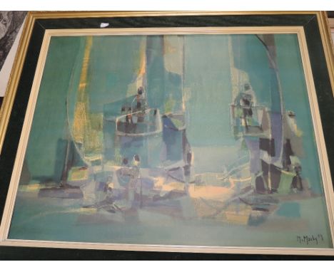 Marcel Mouly, (1918-2006), after, a print, Spanish Balcony, later edition, attributed verso, 57 x 73, green corduroy mounted 
