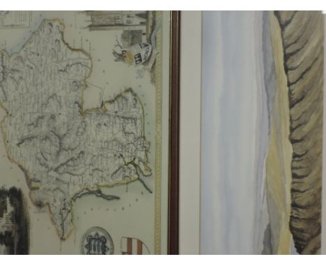 (20th century), a watercolour, landscape, 27 x 39cm ,mounted framed and glazed, 43 x 52cm, and (20th century), a re-print map