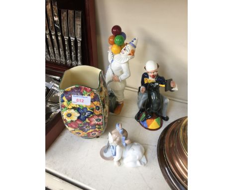 DOULTON VASE , TWO DOULTON CLOWNS AND A NAO FIGURE      H3