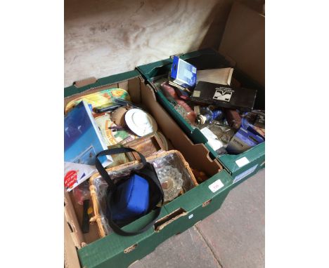 TWO BOXES OF MISC., DOLL, GLASSWARE, PRINT CARTRIDGES