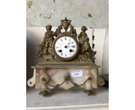 GILT METAL MOUNTED ALABASTER MANTEL CLOCK       E5
