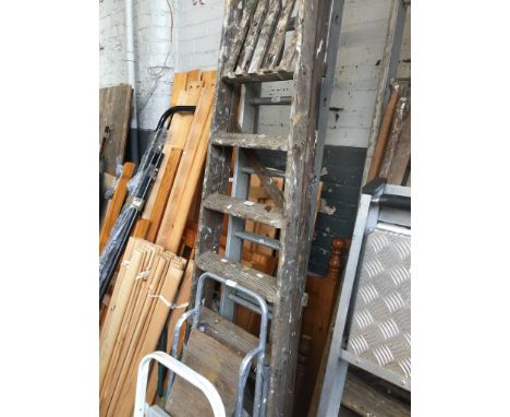 WOODEN STEP LADDERS AND TWO METAL STEP LADDERS