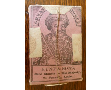 Sealed pack of playing cards, circa 1830, Hunt & Sons card makers to His Majesty, Great Mogul label, the stamp office label s