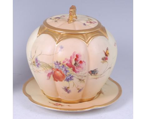 A Royal Worcester blushware jar and cover on stand, of lobed squat globular form, decorated with wildflowers and insects, No.