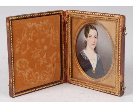 Mid-19th century English school - Bust portrait of young woman, wearing a lace blouse and with ringlets in her hair, miniatur