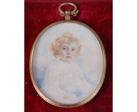 Early 20th century English school - Half length study of a child, wearing a cotton gown, miniature watercolour with body colo