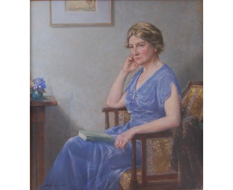 Bertram Priestman RA (1868-1951) - Portrait of a lady wearing a blue dress and pearl necklace, pastel on canvas, signed and d