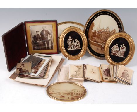 Photographic ephemera, to include; portrait photographic cards from various photographers to include local firms, framed topo