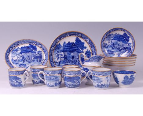 A late 18th century English porcelain blue and white part tea and coffee set, possibly Caughley, comprising six coffee cans, 