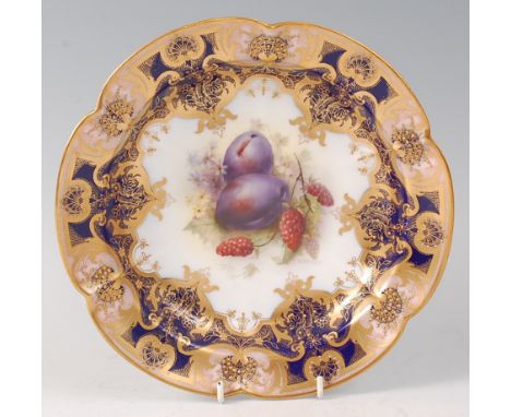 A Royal Worcester porcelain cabinet plate, painted by Richard Seabright, signed, with ripe damsons and raspberries amidst blo