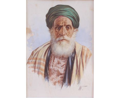 William S Weintraub (American, Israeli) - Portrait study of an Arab gentleman wearing a prayer gown, watercolour, signed with