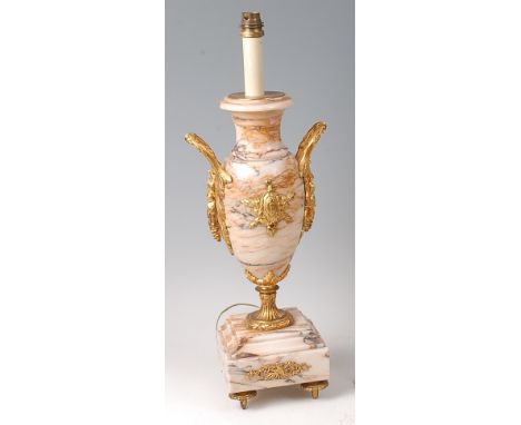 A Louis XVI style marble and gilt metal mounted table lamp, of slender urn shape, having twin applied handles, h.43cm (exclud