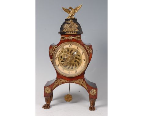 A 19th century Continental walnut veneered and gilt metal mounted mantel clock, of classical architectural outline, the whole